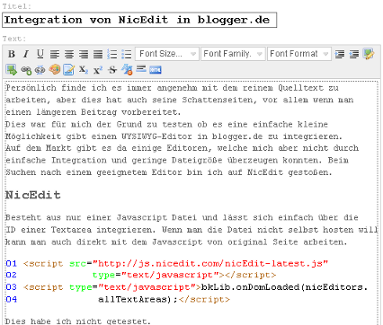 nicEdit in blogger.de Screenshot 